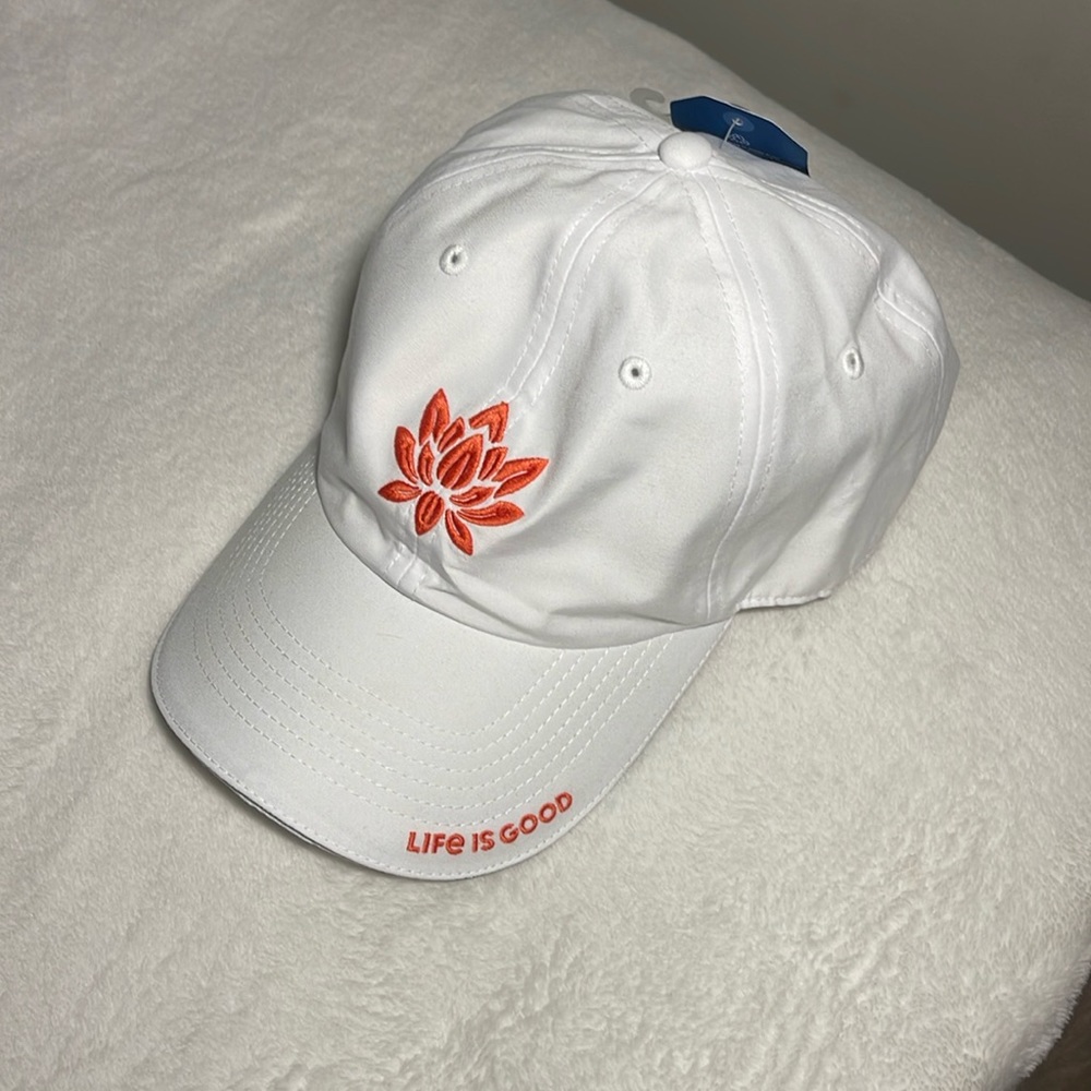 NWT! Life is Good - Adjustable White Baseball Cap + Lotus Flower Detail